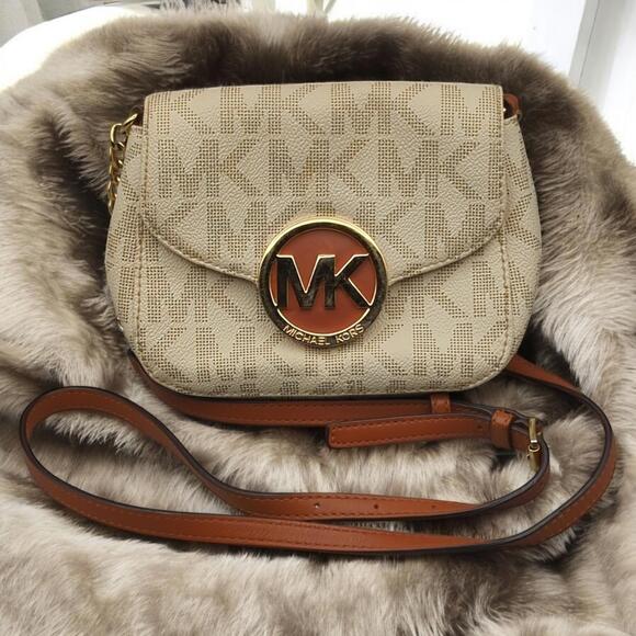 Michael Kors Crossbody Bag Fulton Signature‎ Vanilla MK Logo Pebbled Leather - Picture 1 of 14